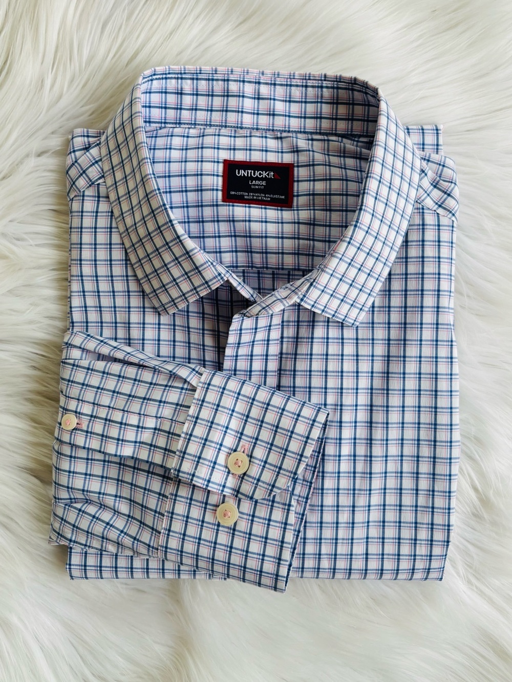 UNTUCKIt Men’s Slim Fit Blue Pink Plaid Button Down Shirt Large